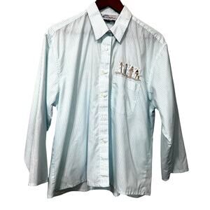 VTG Las Olas Womens Button Shirt L Aqua Stripe Lighthouse Embroidery Coastal Top
